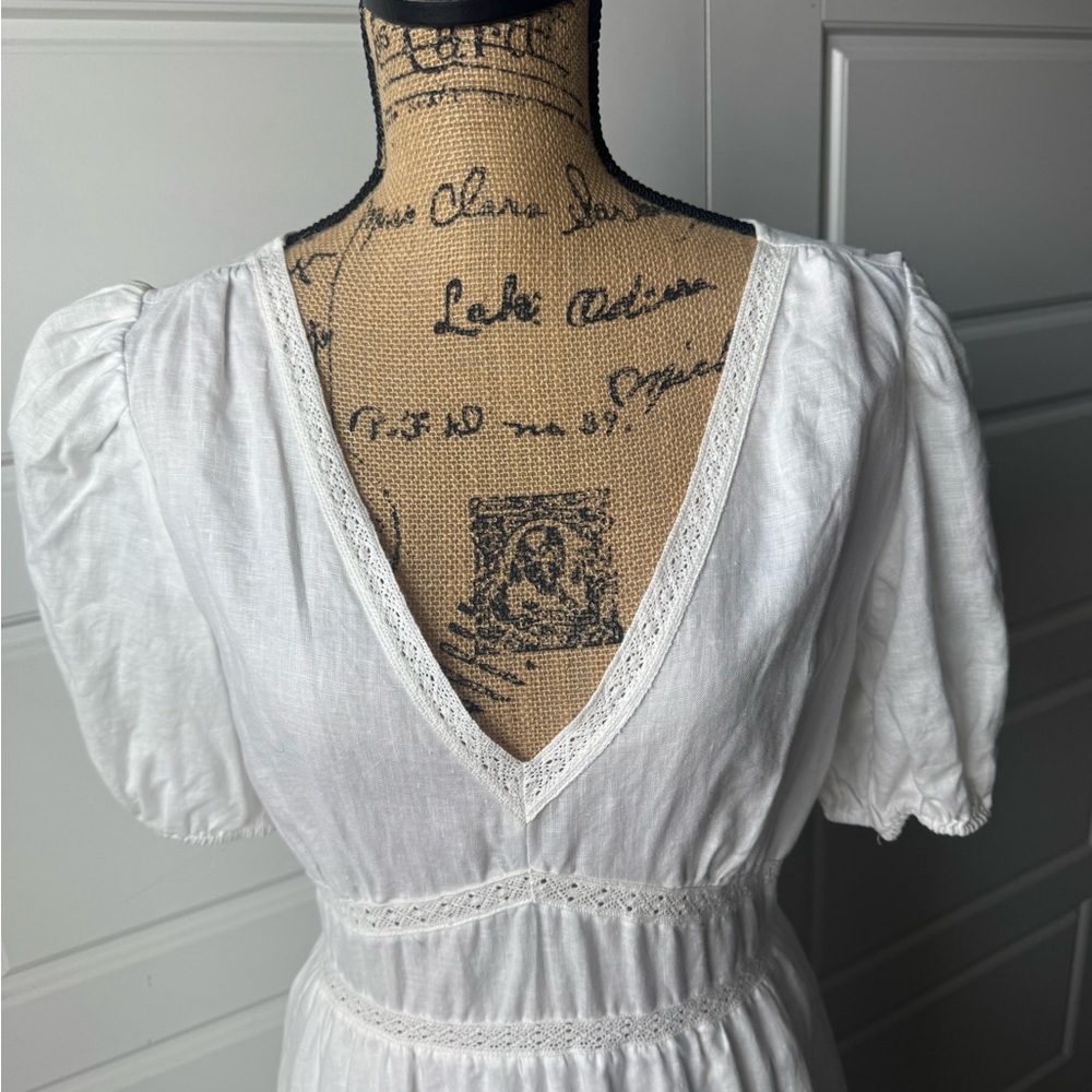 Lucy Paris White Linen Midi Dress with V-Neck - Picture 2 of 7